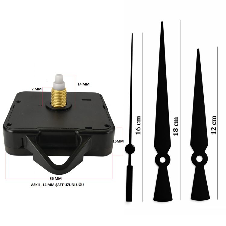 Askılı 14 mm Şaft  Akar Sessiz Duvar Saati Mekanizması -Metal akrep-yelkovan-saniye