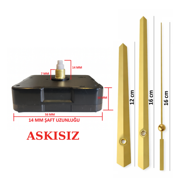 Askısız 14 mm Şaft  Akar Sessiz Duvar Saati Mekanizması -Metal akrep-yelkovan-saniye