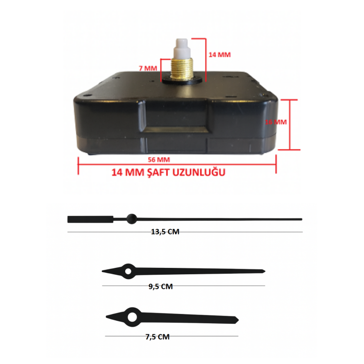 Askısız 14 mm Şaft Akar Sessiz Duvar Saati Mekanizması -Metal akrep-yelkovan-saniye