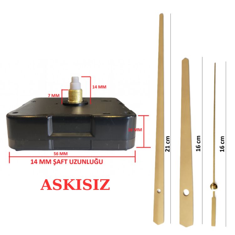 Askısız 14 mm Şaft Akar Sessiz Duvar Saati Mekanizması -Metal akrep-yelkovan-saniye