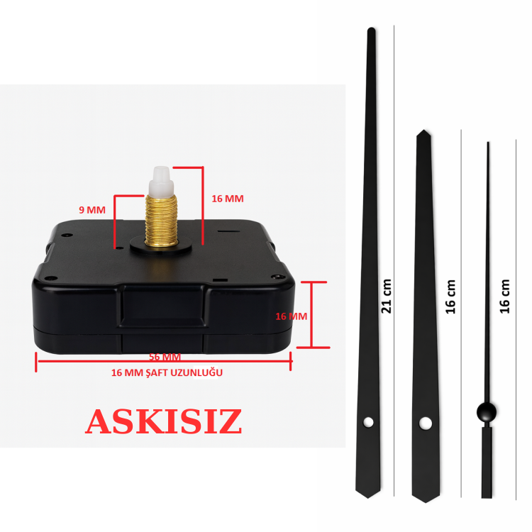Askısız 16 mm Şaft Akar Sessiz Duvar Saati Mekanizması -Metal akrep-yelkovan-saniye