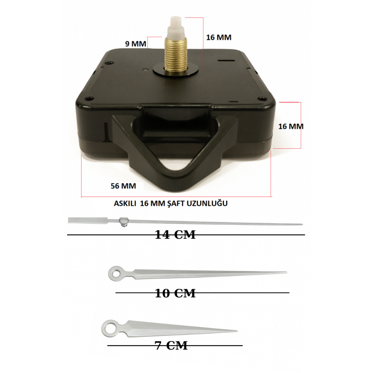 Askılı 16 mm Şaft Akar Sessiz Duvar Saati Mekanizması -Metal akrep-yelkovan-saniye