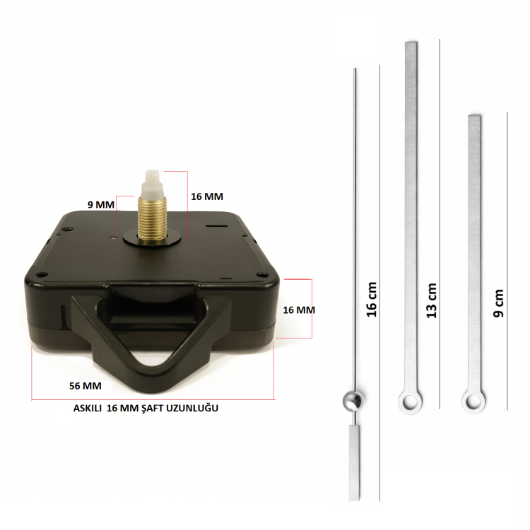 Askılı 16 mm Şaft Akar Sessiz Duvar Saati Mekanizması -Metal akrep-yelkovan-saniye