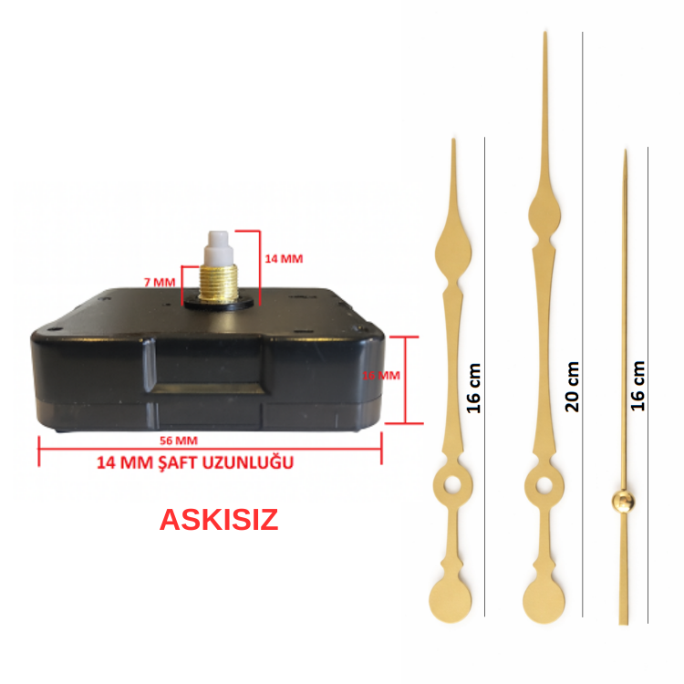 Askısız 14 mm Şaft Akar Sessiz Duvar Saati Mekanizması -Metal akrep-yelkovan-saniye
