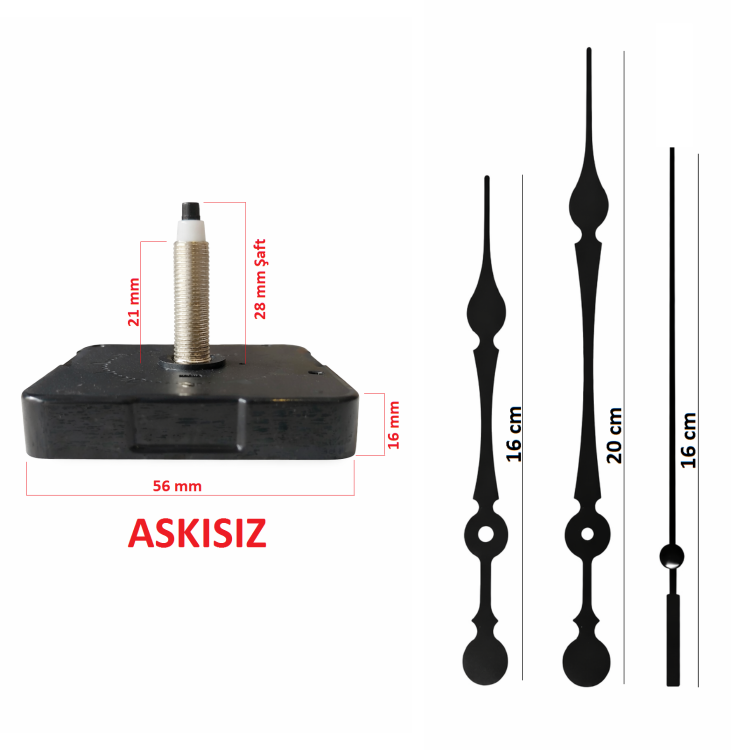 Askısız 28 mm Şaft Akar Sessiz Duvar Saati Mekanizması -Metal akrep-yelkovan-saniye