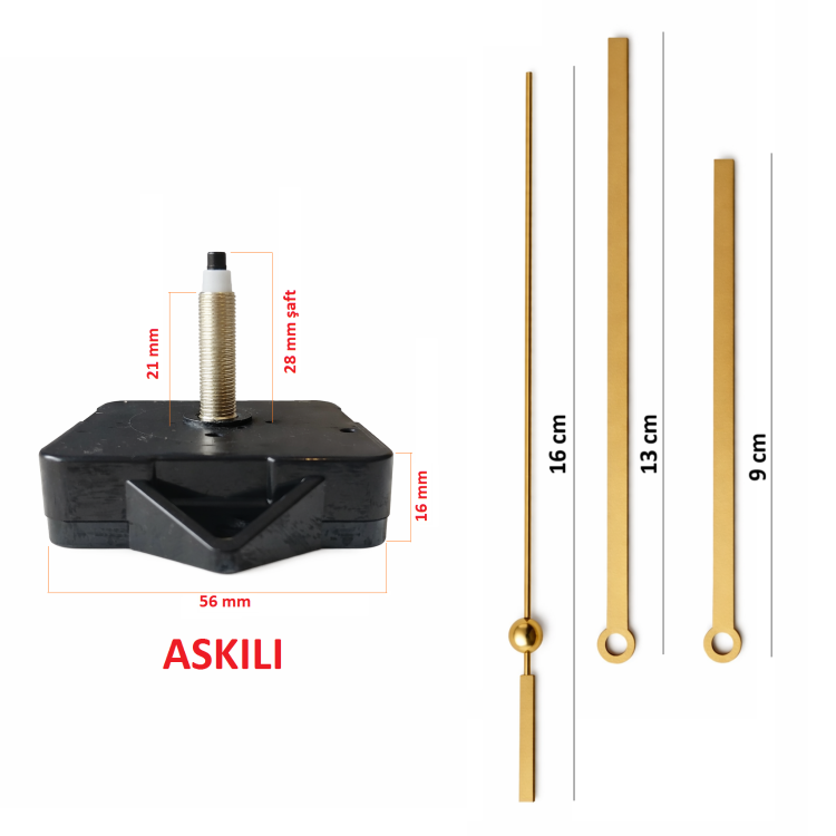 Askılı 28 mm Şaft Akar Sessiz Duvar Saati Mekanizması -Metal akrep-yelkovan-saniye