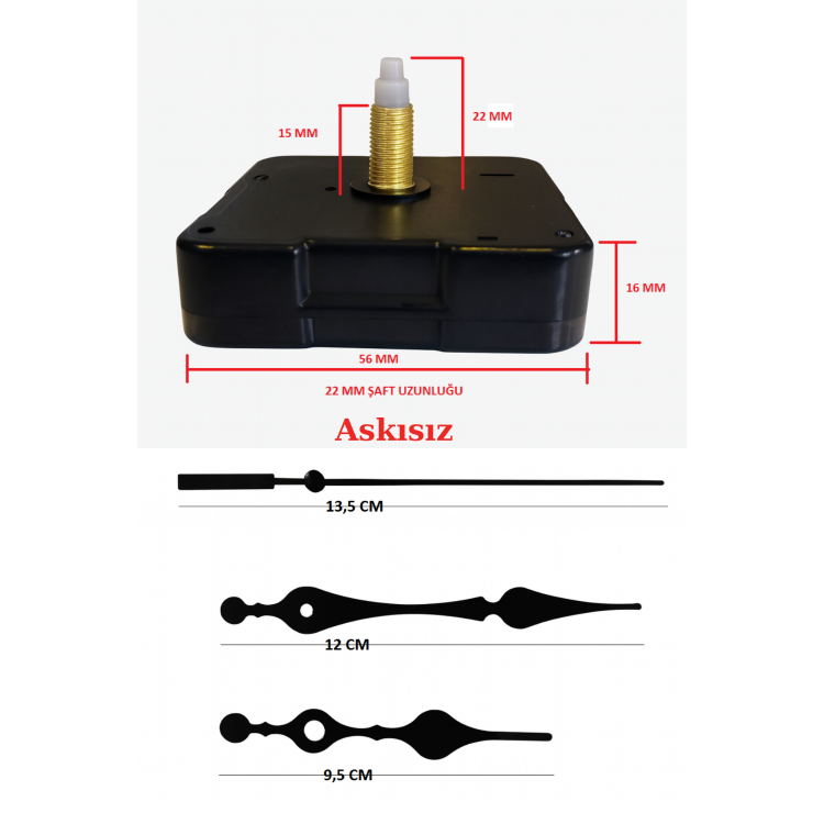 Askısız 22 mm Şaft Akar Sessiz Duvar Saati Mekanizması -Metal akrep-yelkovan-saniye