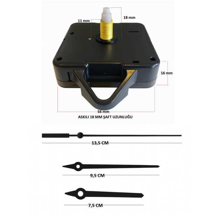 Askılı 18 mm Şaft  Akar Sessiz Duvar Saati Mekanizması -Metal akrep-yelkovan-saniye