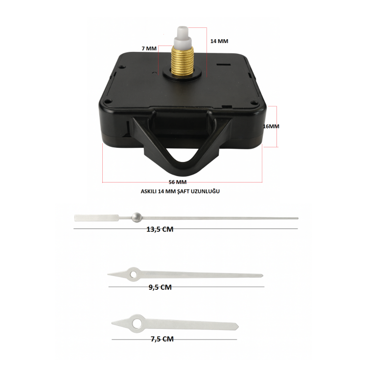 Askılı 14 mm Şaft  Akar Sessiz Duvar Saati Mekanizması -Metal akrep-yelkovan-saniye