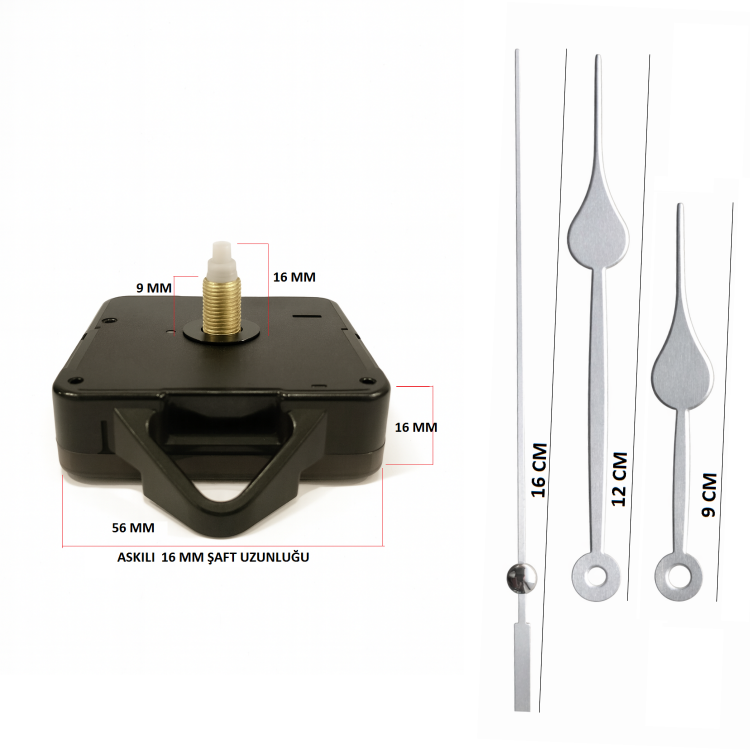 Askılı 16 mm Şaft Akar Sessiz Duvar Saati Mekanizması -Metal akrep-yelkovan-saniye