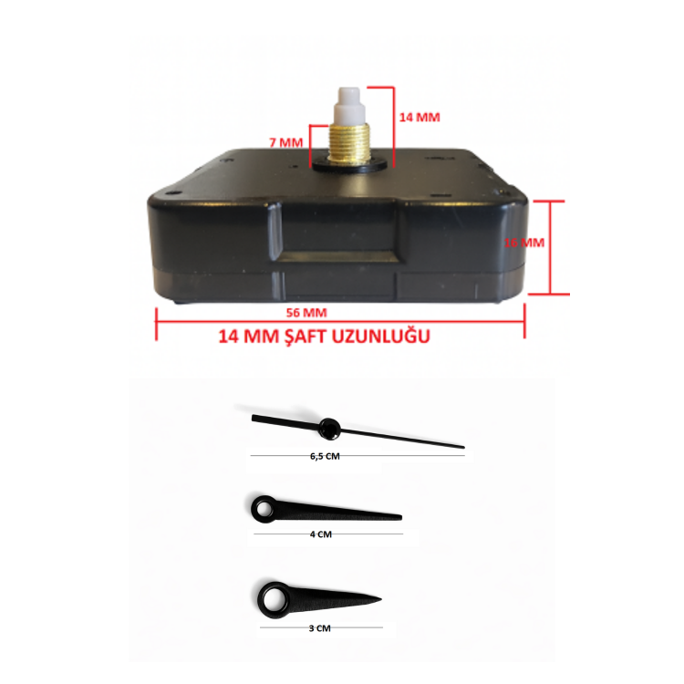 Askısız 14 mm Şaft Akar Sessiz Duvar Saati Mekanizması -Metal akrep-yelkovan-saniye