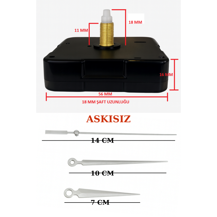 Askısız 18 mm Şaft  Akar Sessiz Duvar Saati Mekanizması -Metal akrep-yelkovan-saniye
