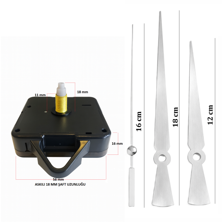 Askılı 18 mm Şaft Akar Sessiz Duvar Saati Mekanizması -Metal akrep-yelkovan-saniye