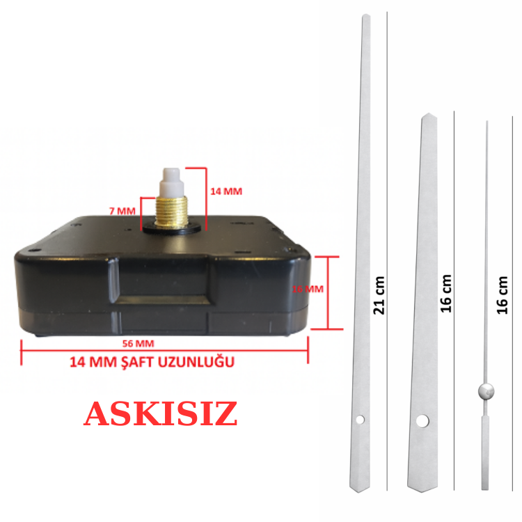 Askısız 14 mm Şaft Akar Sessiz Duvar Saati Mekanizması -Metal akrep-yelkovan-saniye