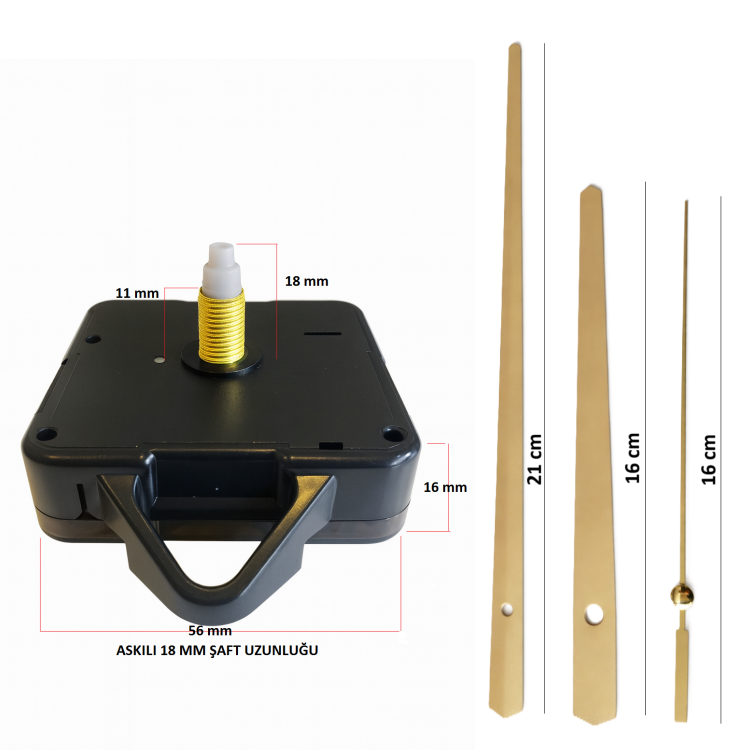 Askılı 18 mm Şaft Akar Sessiz Duvar Saati Mekanizması -Metal akrep-yelkovan-saniye
