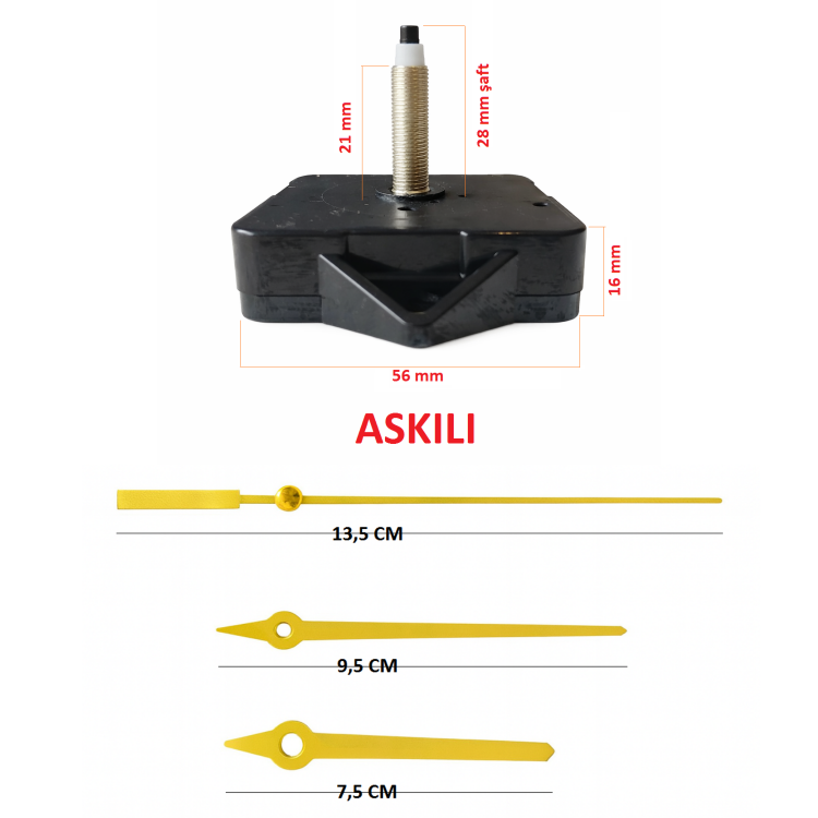 Askılı 28 mm Şaft Akar Sessiz Duvar Saati Mekanizması -Metal akrep-yelkovan-saniye