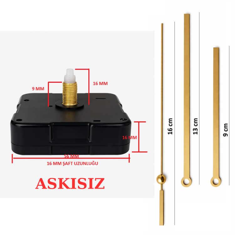 Askısız 16 mm Şaft  Akar Sessiz Duvar Saati Mekanizması -Metal akrep-yelkovan-saniye