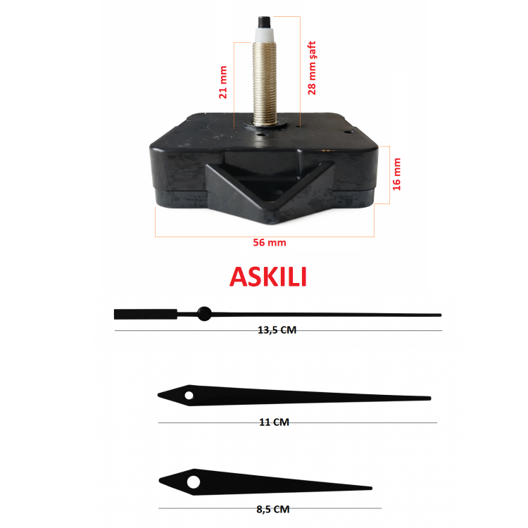 Askılı 28 mm Şaft  Akar Sessiz Duvar Saati Mekanizması -Metal akrep-yelkovan-saniye