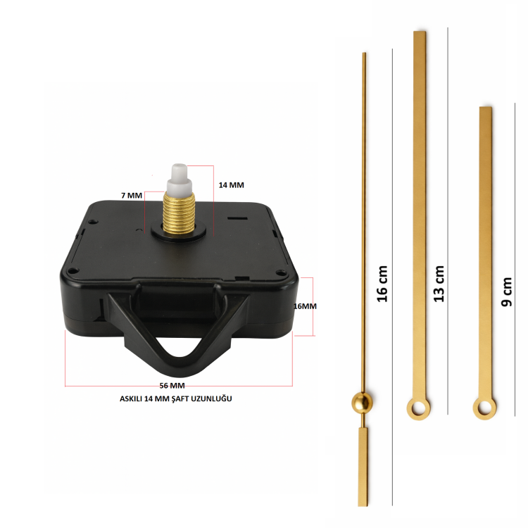 Askılı 14 mm Şaft Akar Sessiz Duvar Saati Mekanizması -Metal akrep-yelkovan-saniye