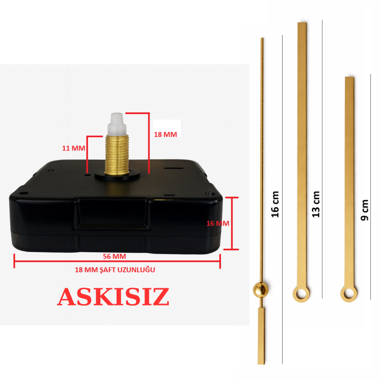 Askısız 18 mm Şaft Akar Sessiz Duvar Saati Mekanizması -Metal akrep-yelkovan-saniye