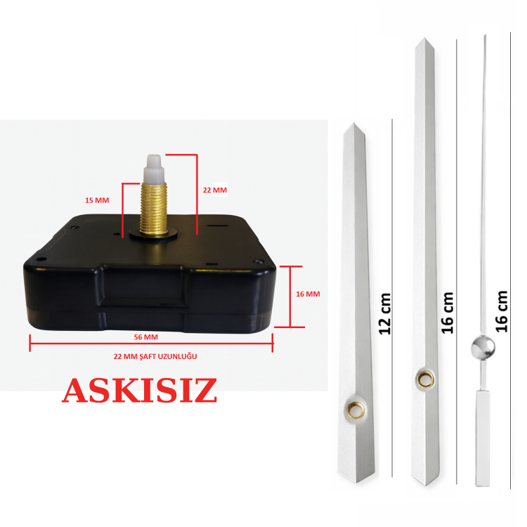 Askısız 22 mm Şaft Akar Sessiz Duvar Saati Mekanizması -Metal akrep-yelkovan-saniye