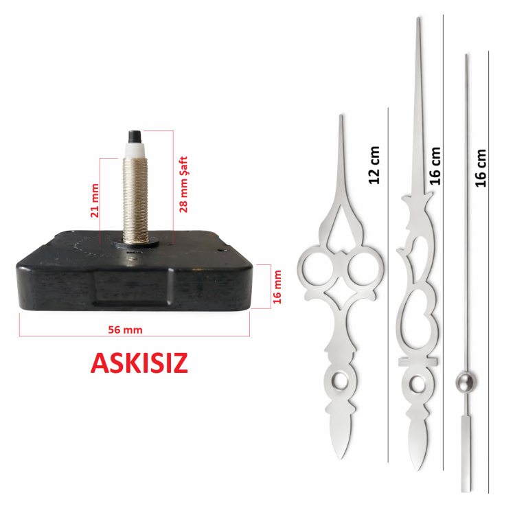 Askısız 28 mm Şaft Akar Sessiz Duvar Saati Mekanizması -Metal akrep-yelkovan-saniye