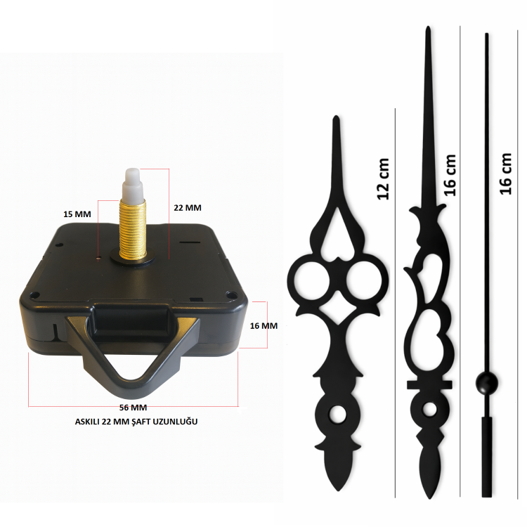 Askılı 22 mm Şaft  Akar Sessiz Duvar Saati Mekanizması -Metal akrep-yelkovan-saniye
