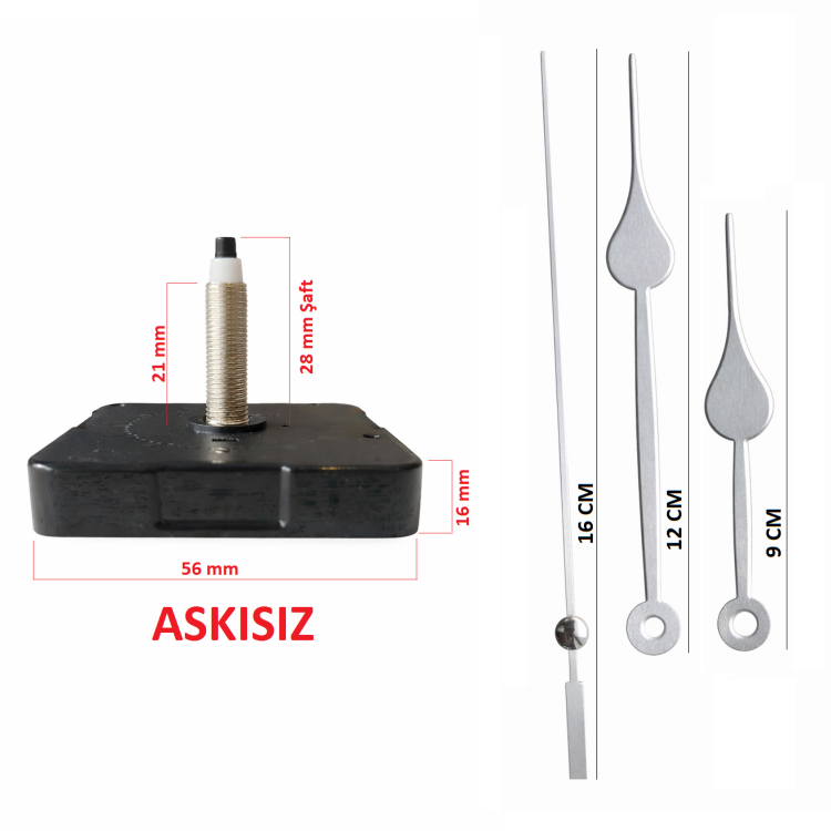 Askısız 28 mm Şaft Akar Sessiz Duvar Saati Mekanizması -Metal akrep-yelkovan-saniye