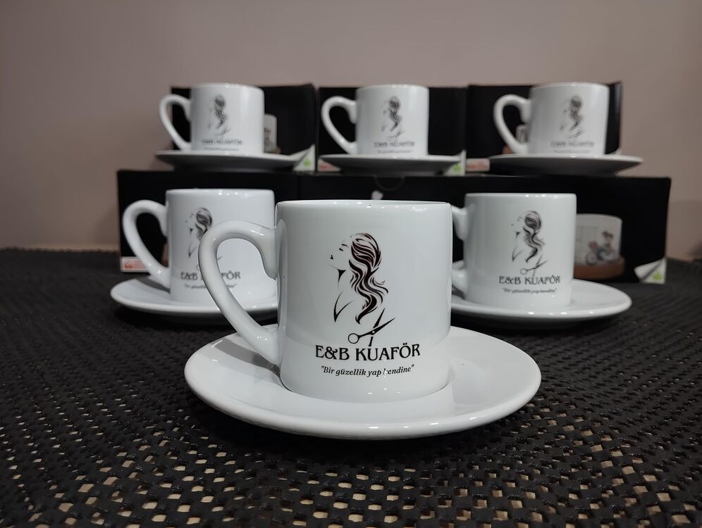 Papatya Standlı Özel Baskılı Türk Kahve Fincan Takımı - 6 'lı Beyaz