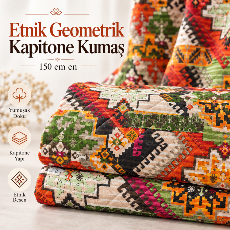Etnik Geometrik Kapitone Kumaş