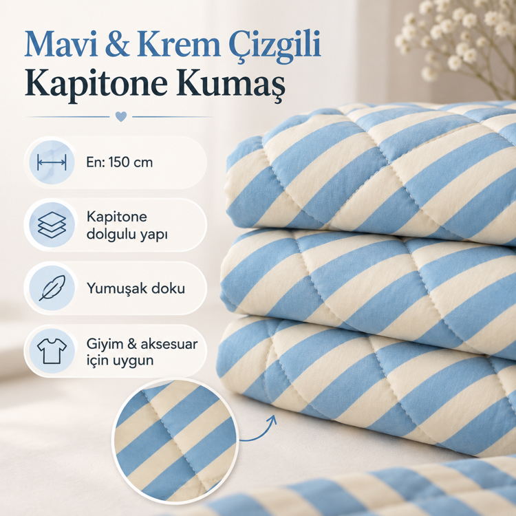 Mavi Krem Çizgili Kapitone Kumaş