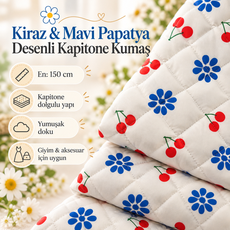 Kiraz ve Mavi Papatya Kapitone Kumaş