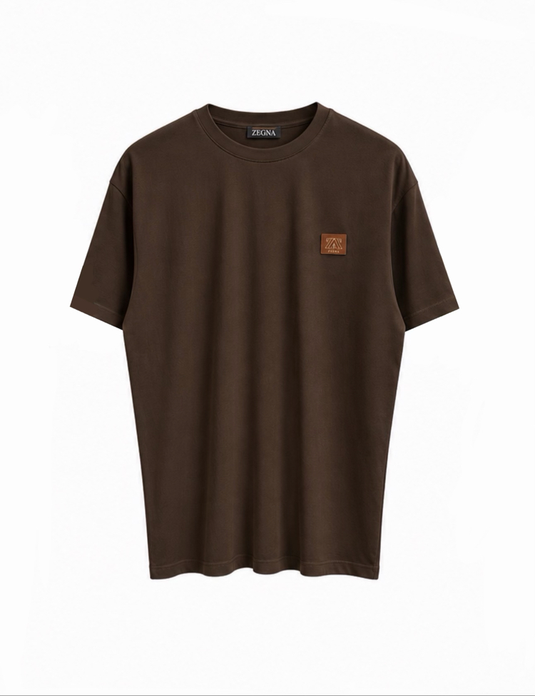 Zegna Logo Plaque T-shirt ( İthal-Ütü İstemez-NFC Aktif) Koyu Kahve