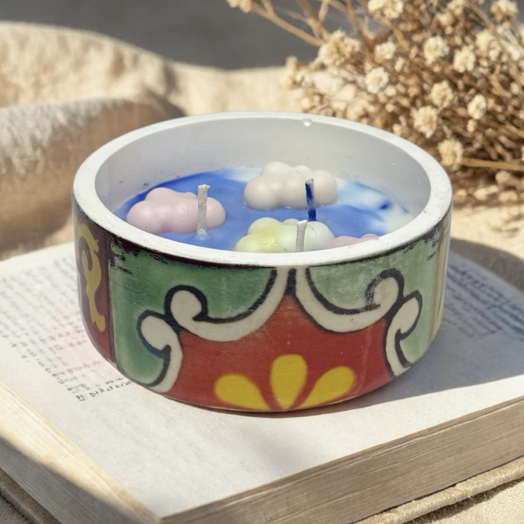 kokulu mum, modern dekoratif, desenli beton mum, 3 fitilli, el yapımı okyanus koku