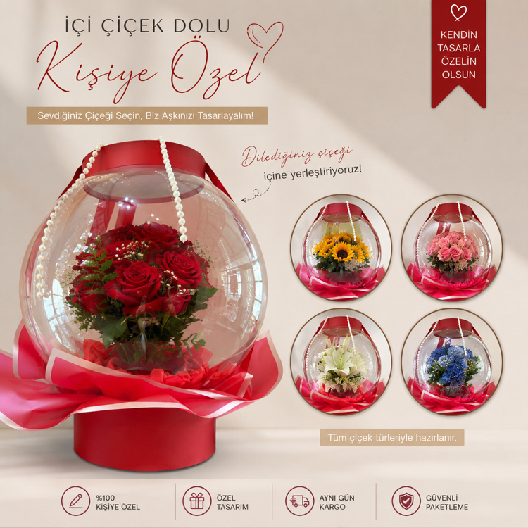 Balon içerisinde çiçek çeşitlerimiz