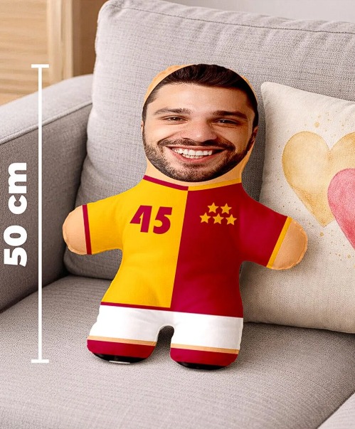 Kişiye Özel Fotoğraflı Sarı Kırmızı Şampiyon Taraftar Peluş Bebek -50cm-