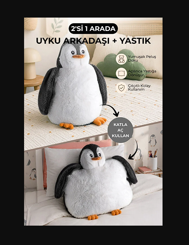 Hem yastık Hem uyku arkadaşı olabilen peluş penguen