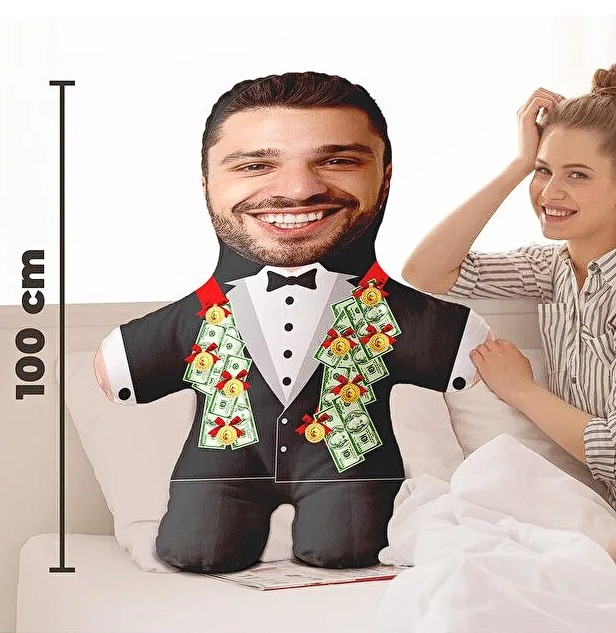 Evlilik Yıl Dönümü Hediyesi Özel Fotoğraflı Damat Bey Peluş Bebek -100cm-