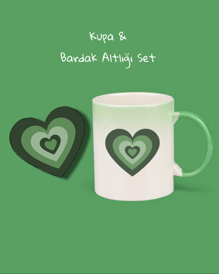 Yeşil Kalpli Kupa ve Bardak Altlığı Set