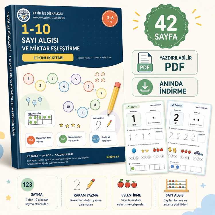 3-6 Yaş 1-10 Sayı Algısı ve Miktar Eşleştirme Etkinlik Kitabı (PDF) | E-Kitap