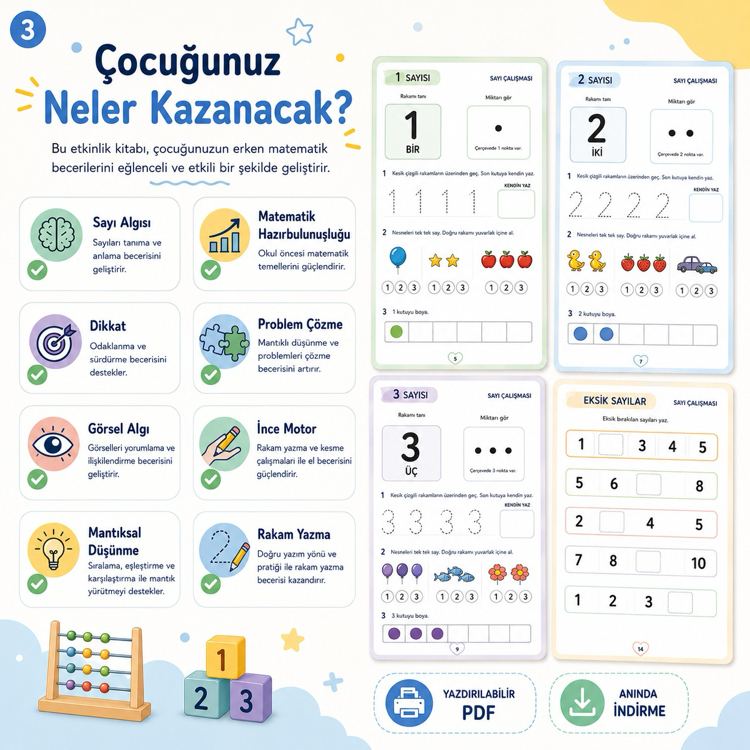 3-6 Yaş 1-10 Sayı Algısı ve Miktar Eşleştirme Etkinlik Kitabı (PDF) | E-Kitap