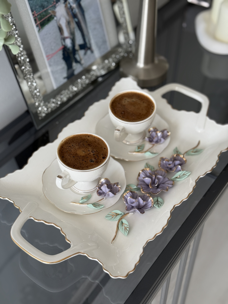 2li tepsili mor el yapımı çiçekli fincan takımı