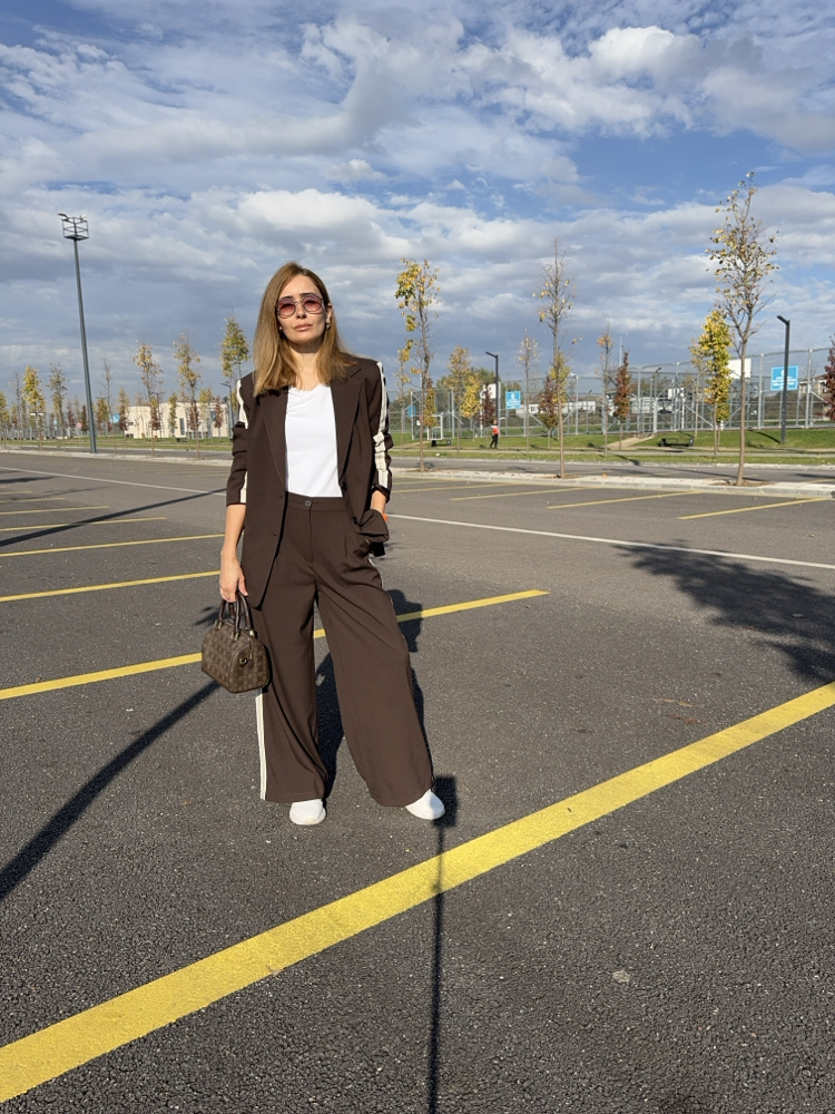 Silya şerit Blazer pantolon takım