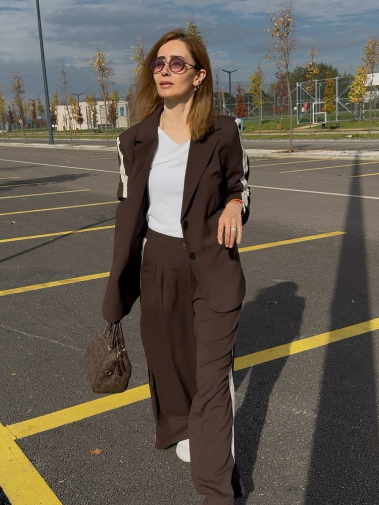 Silya şerit Blazer pantolon takım