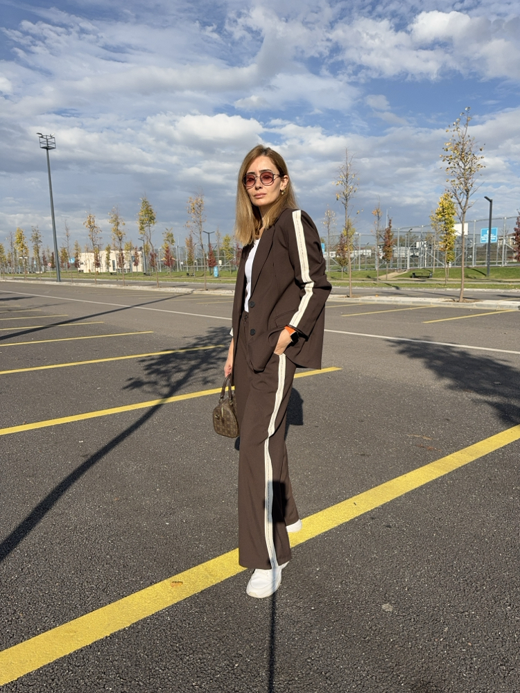 Silya şerit Blazer pantolon takım