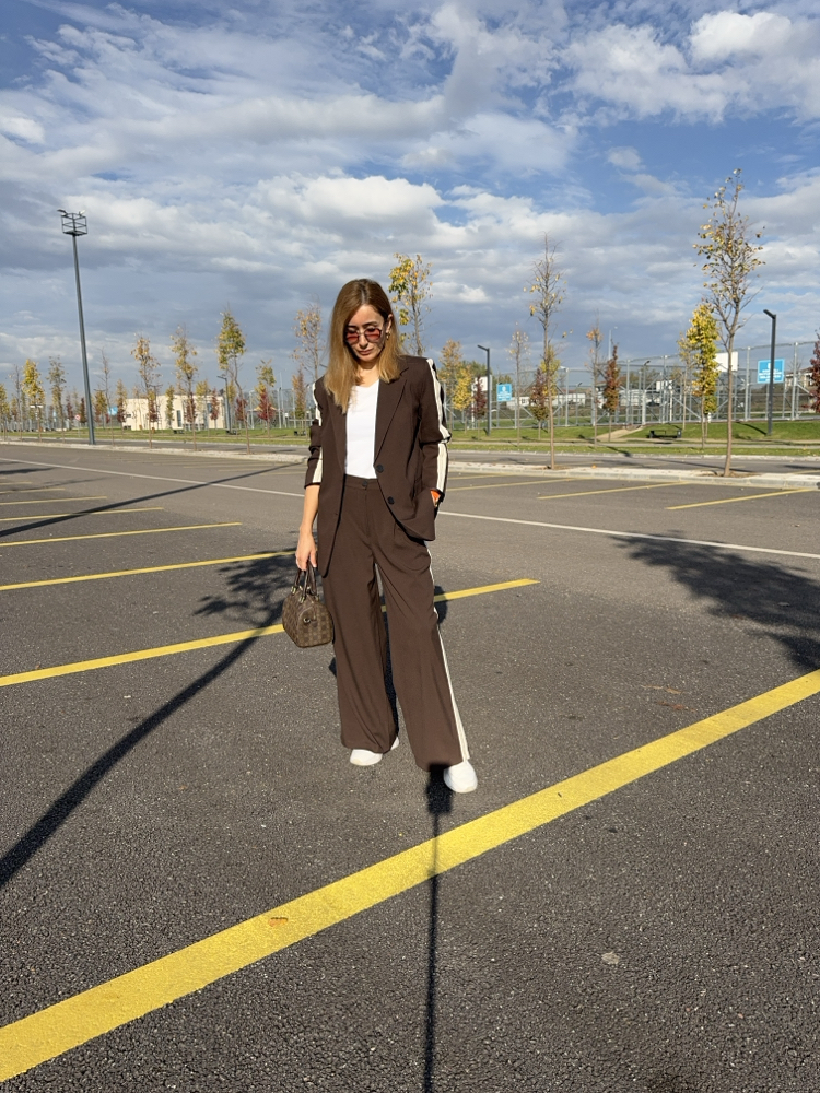 Silya şerit Blazer pantolon takım