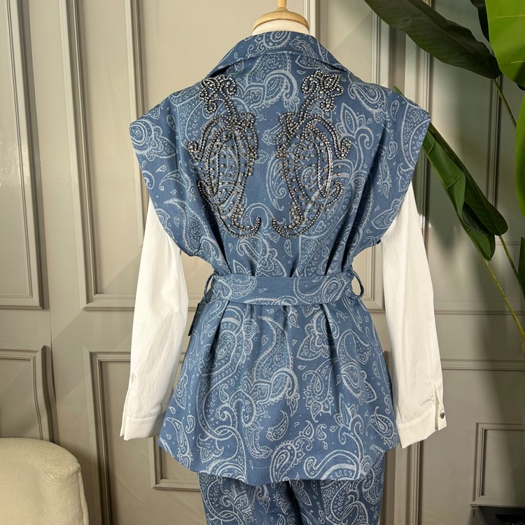 My312 Arkası Taşlı Denim Yelek