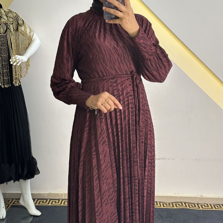 my312 bordo jakarlı plise elbise