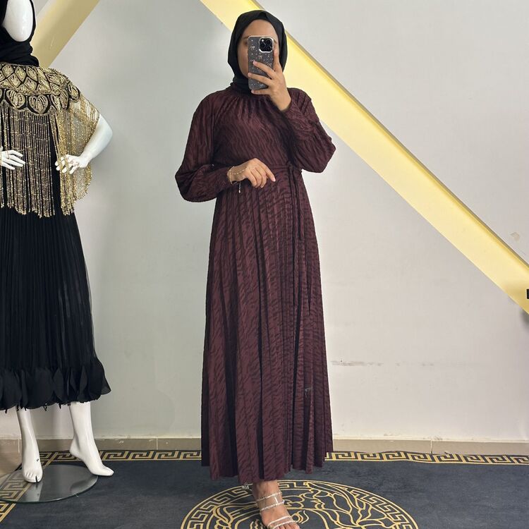 my312 bordo jakarlı plise elbise