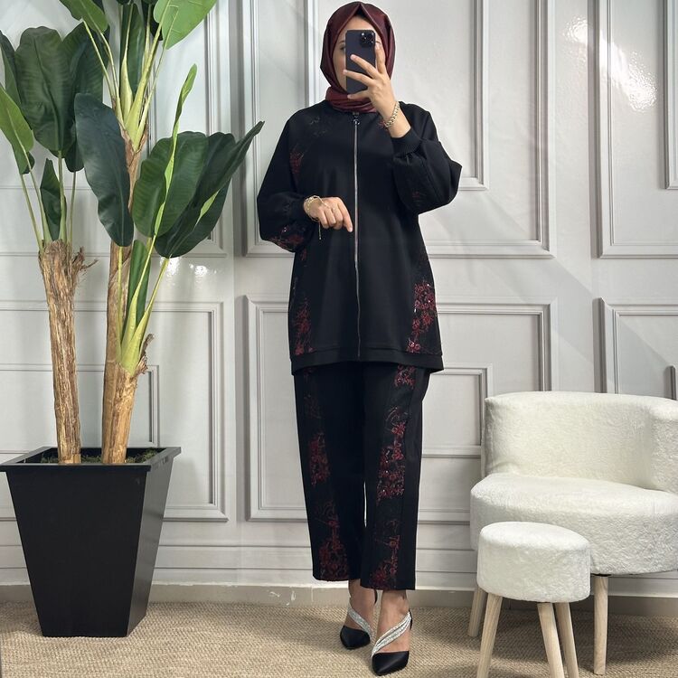 ghisa siyah-bordo payetli takım